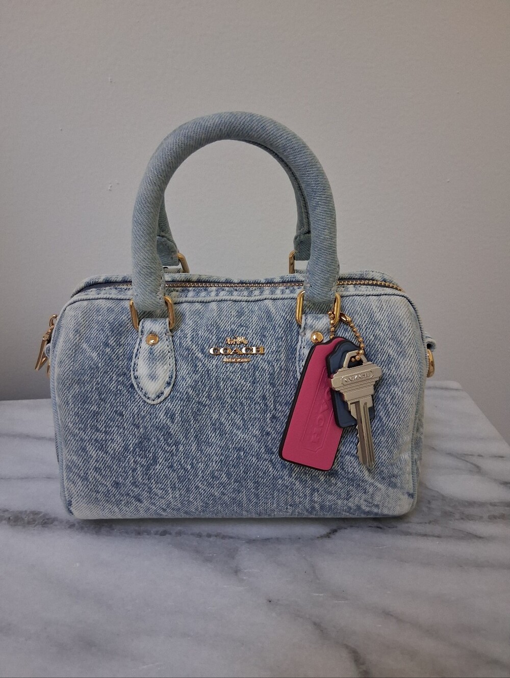 Coach Mini Rowan Crossbody Bag in Loved Denim with Charms